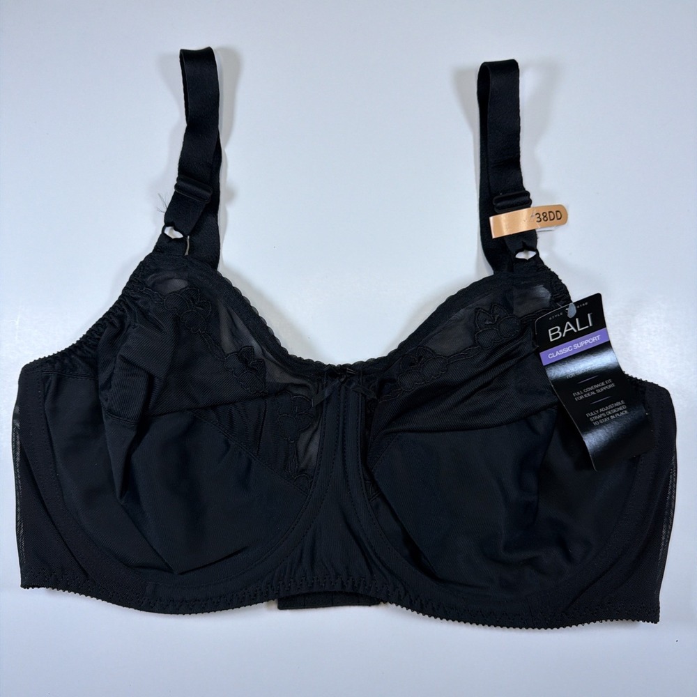 Bali DF0180 Womens Flower Underwire Full Coverage Bra Black Size 38DD NWT
